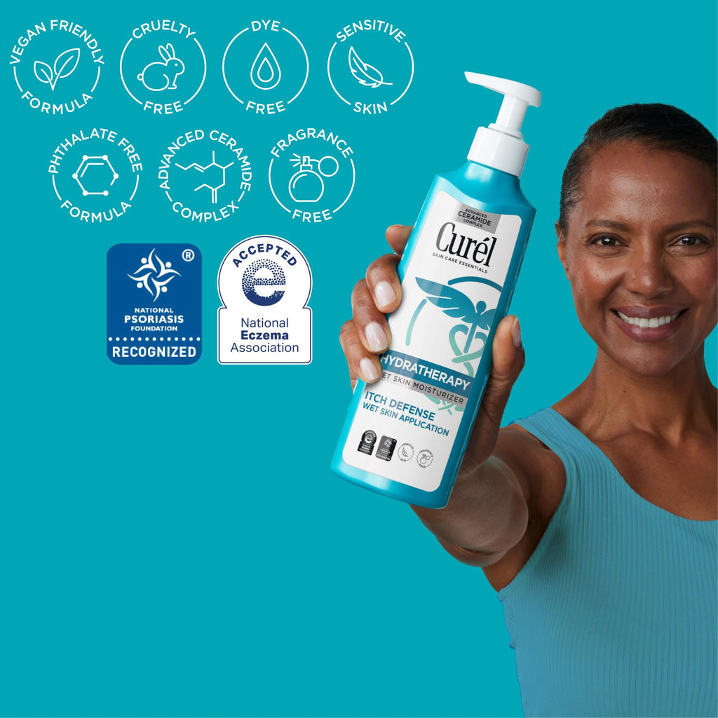 Buy now Curel Hydra Therapy, Itch Defense Moisturizer, Wet Skin Lotion, with Advanced Ceramide Complex, Vitamin E, & Oatmeal Extract, Helps to Repair Moisture Barrier, 12 Oz at indiglob india