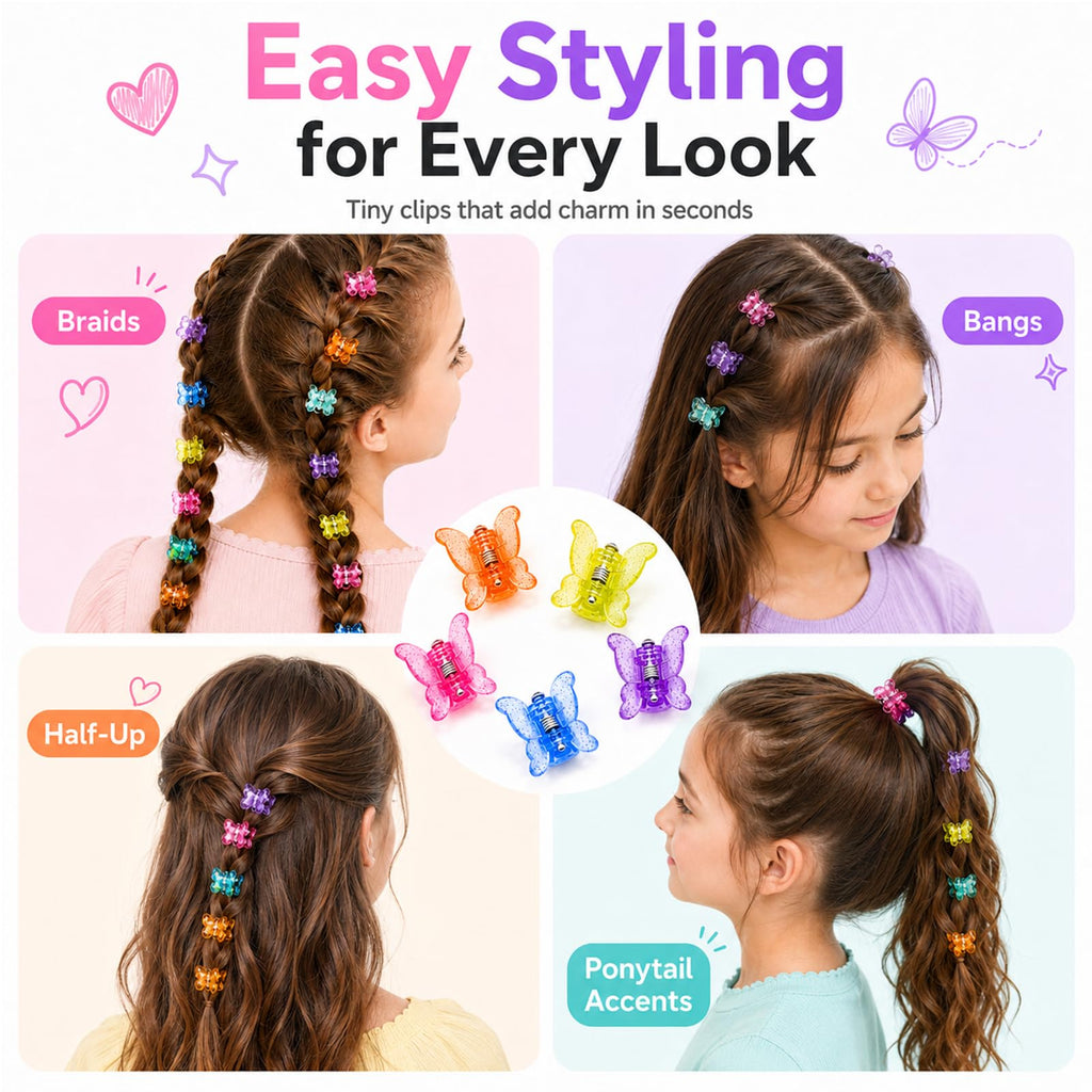 80Pcs Mini Butterfly Hair Clips for Women, 10 Glitter Colors, 0.6inch/1.5cm Tiny Claw Clips, 90s Y2K Hair Accessories, Small Butterfly Hair Clips with Storage Box
