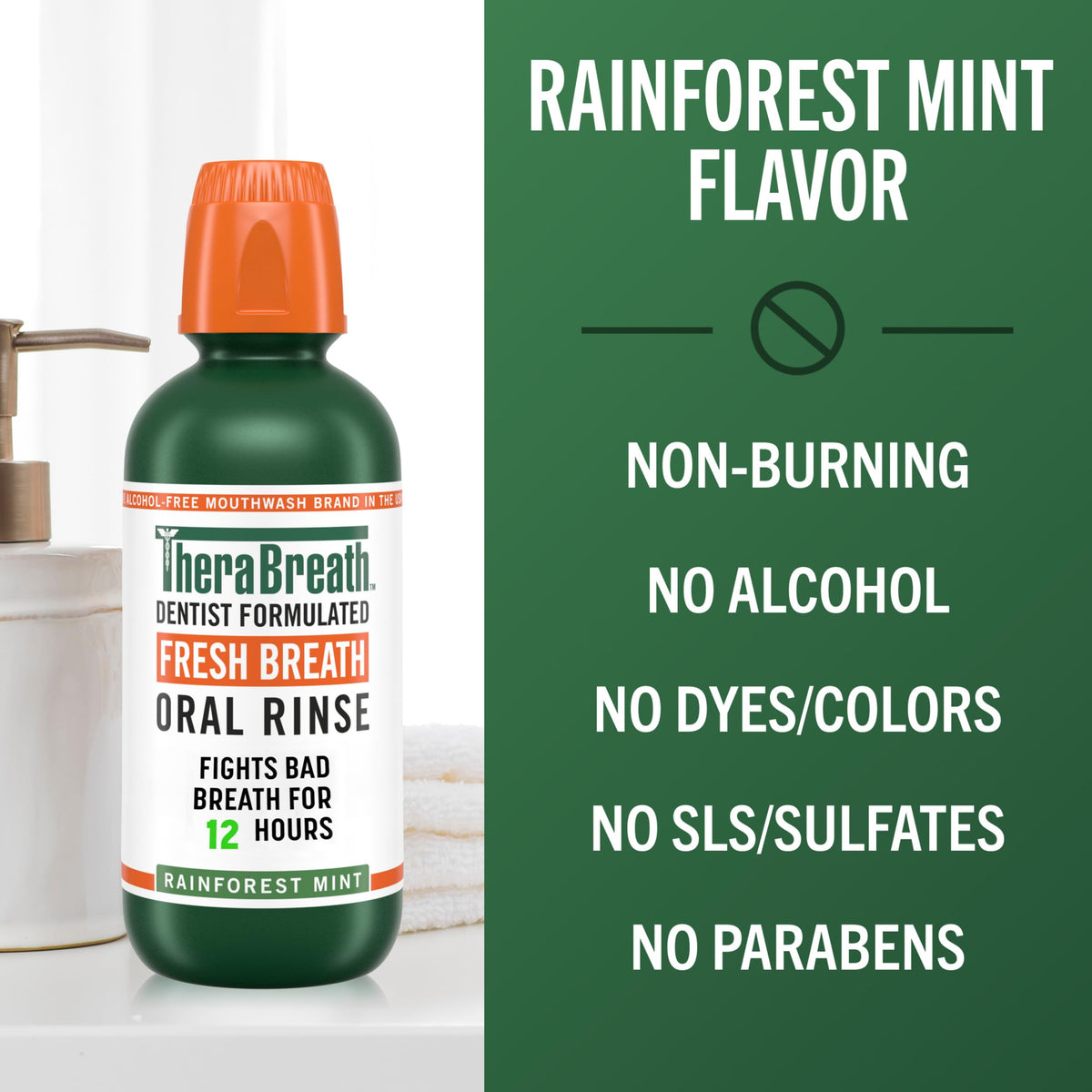 TheraBreath Fresh Breath Mouthwash, Rainforest Mint, 33.8 oz