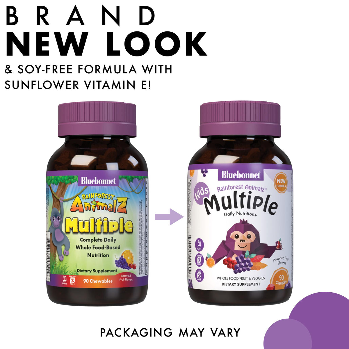 Bluebonnet Nutrition Rainforest Animalz Whole Food Based Multiple Chewable Tablets, Kids Multivitamin & Mineral, Vitamin C, D3, Iron, Gluten Free, Milk Free, Kosher, 90 Chewable Tablets, Mixed Flavors