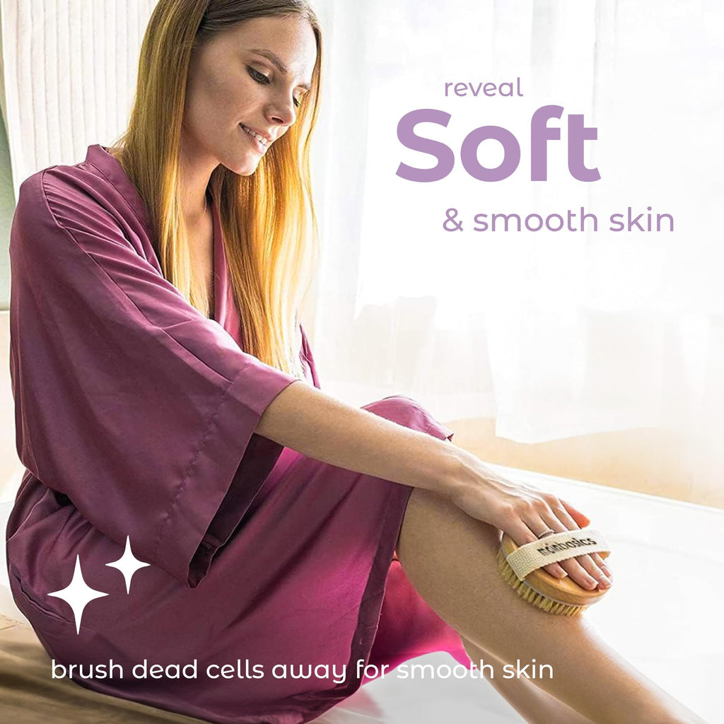 MainBasics Dry Brushing Body Brush | Lymphatic Drainage, Dry Skin, Cellulite, Blood Circulation, Exfoliating Natural Bristles and Massage Nodes