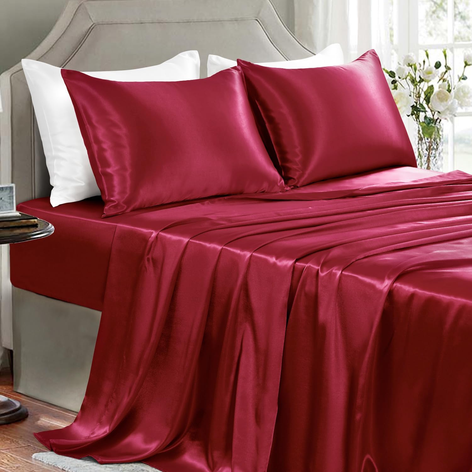 Buy now Satin Sheets King Size - 4 Pieces Luxury Silky Soft Bed Sheets, Wrinkle-Free Gold Satin Silk Sheet Set with 1 Deep Pocket Fitted Sheet, 1 Flat Sheet, 2 Pillow Cases California King Burgundy at indiglob india