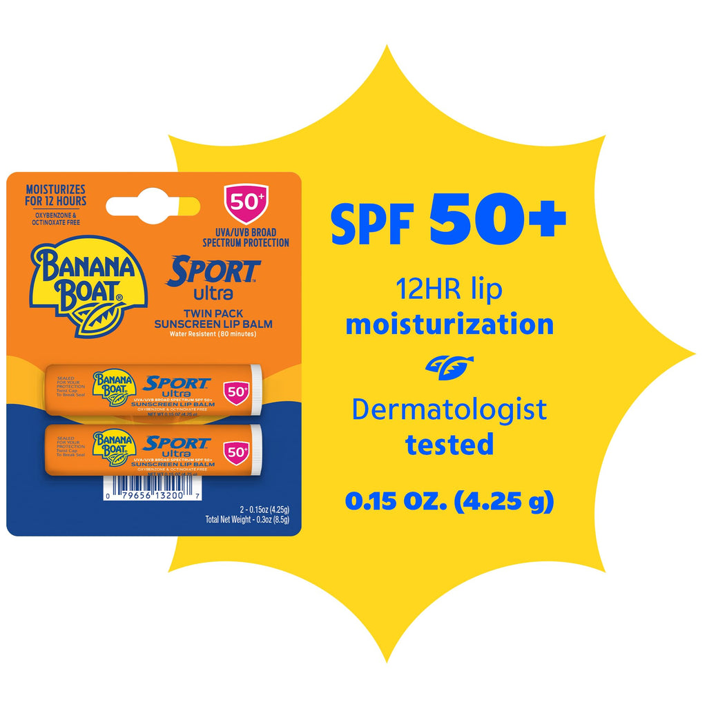 Sport Ultra Twin Pack SPF Lip Balm Pack, Banana Boat Lip Balm SPF 50, Oxybenzone Free Sunscreen, Lip Sunblock, Travel Size Sunscreen for Lips, 2 Pack | 12 hour moisturization with sun protection, vitamin E and aloe, Water resistant