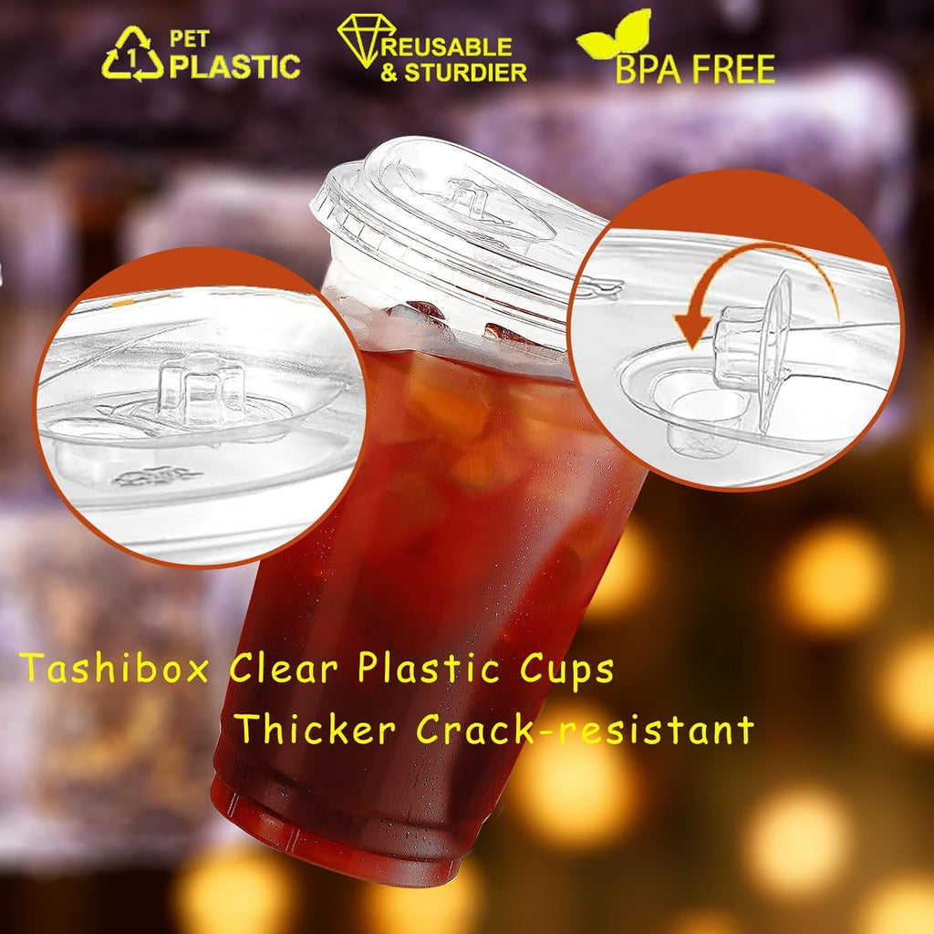 TashiBox 24oz100 Sets Clear Plastic Cups With Strawless Sip Through Lids,Clear Crystal disposable plastic cups,smoothie cups