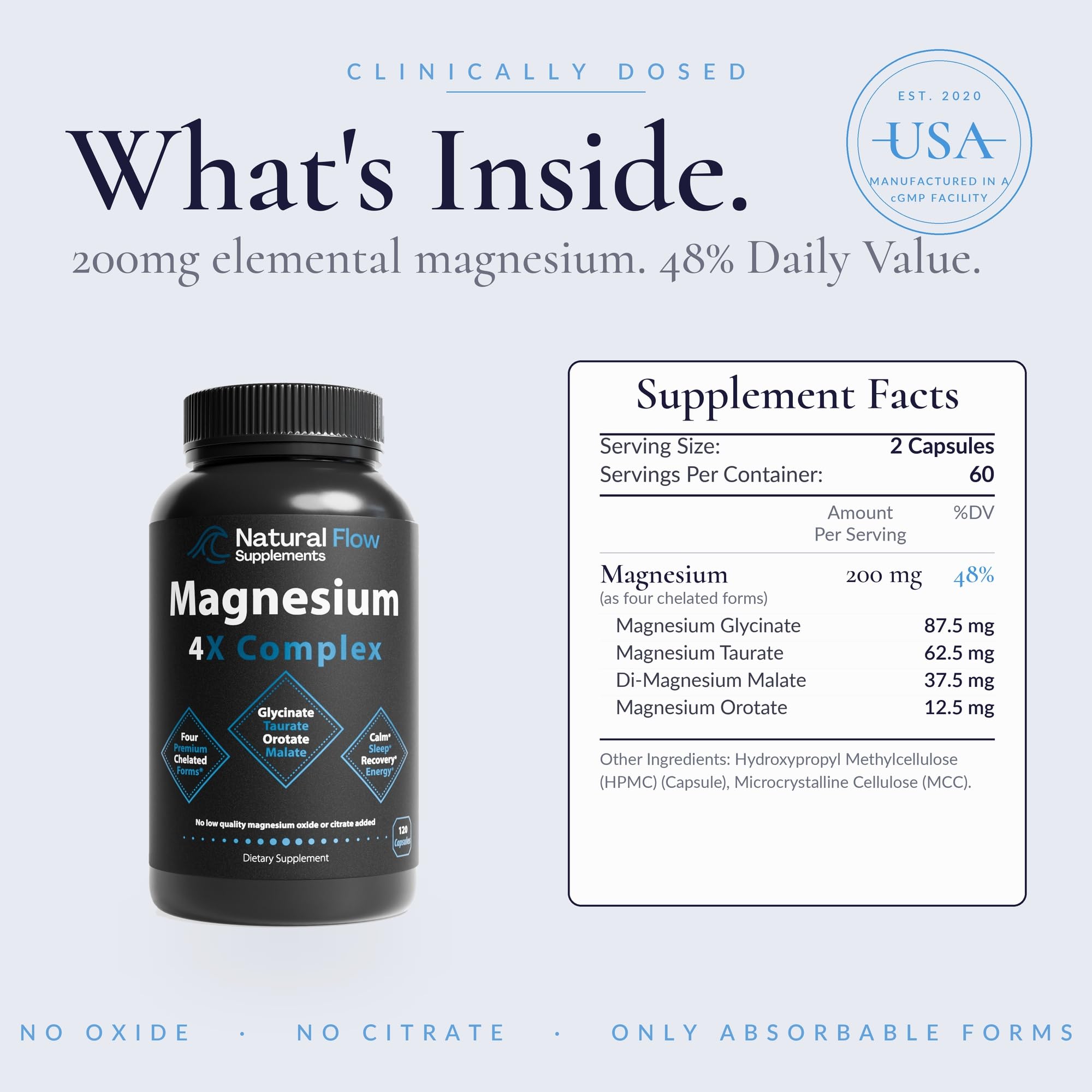 Natural Flow Magnesium Glycinate 4X Complex 200 mg Elemental, 120 Capsules | Plus taurate, malate, orotate. No oxide, no citrate. Use: evening wind-down, post-workout recovery, shift work, stress