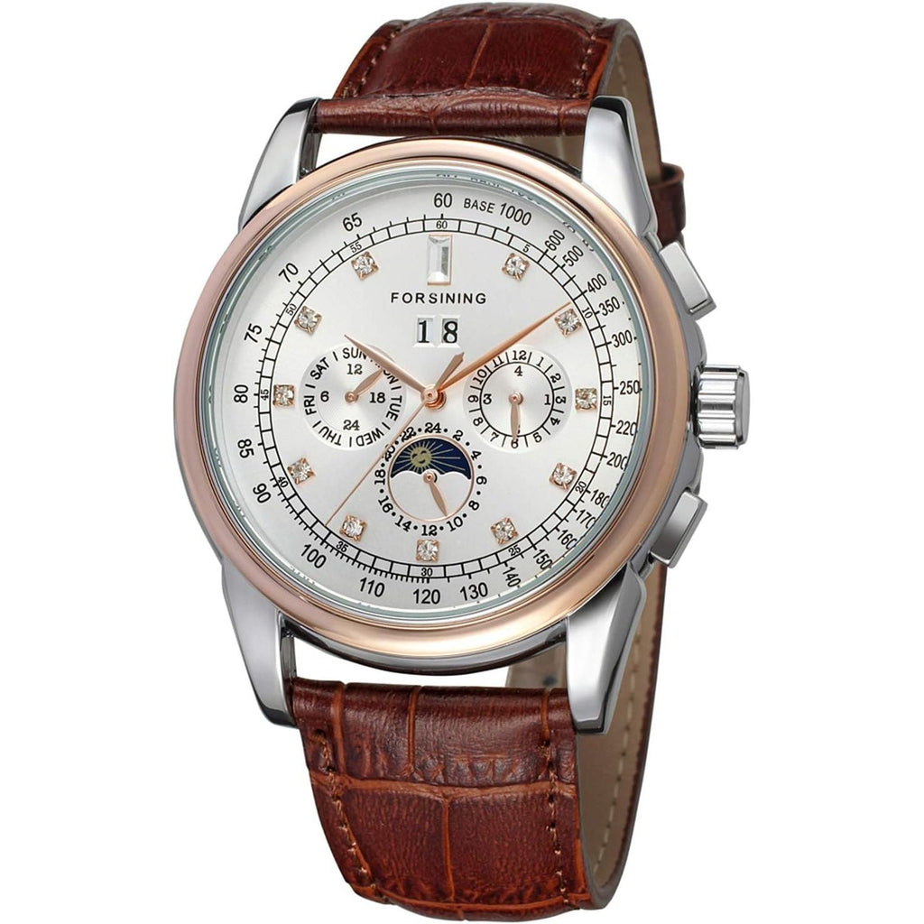 Buy now FORSINING Men's Automatic Self Winding Moon Phase Watch with Brown Leather Strap Analogue Display FSG319M3T4 Default at indiglob india