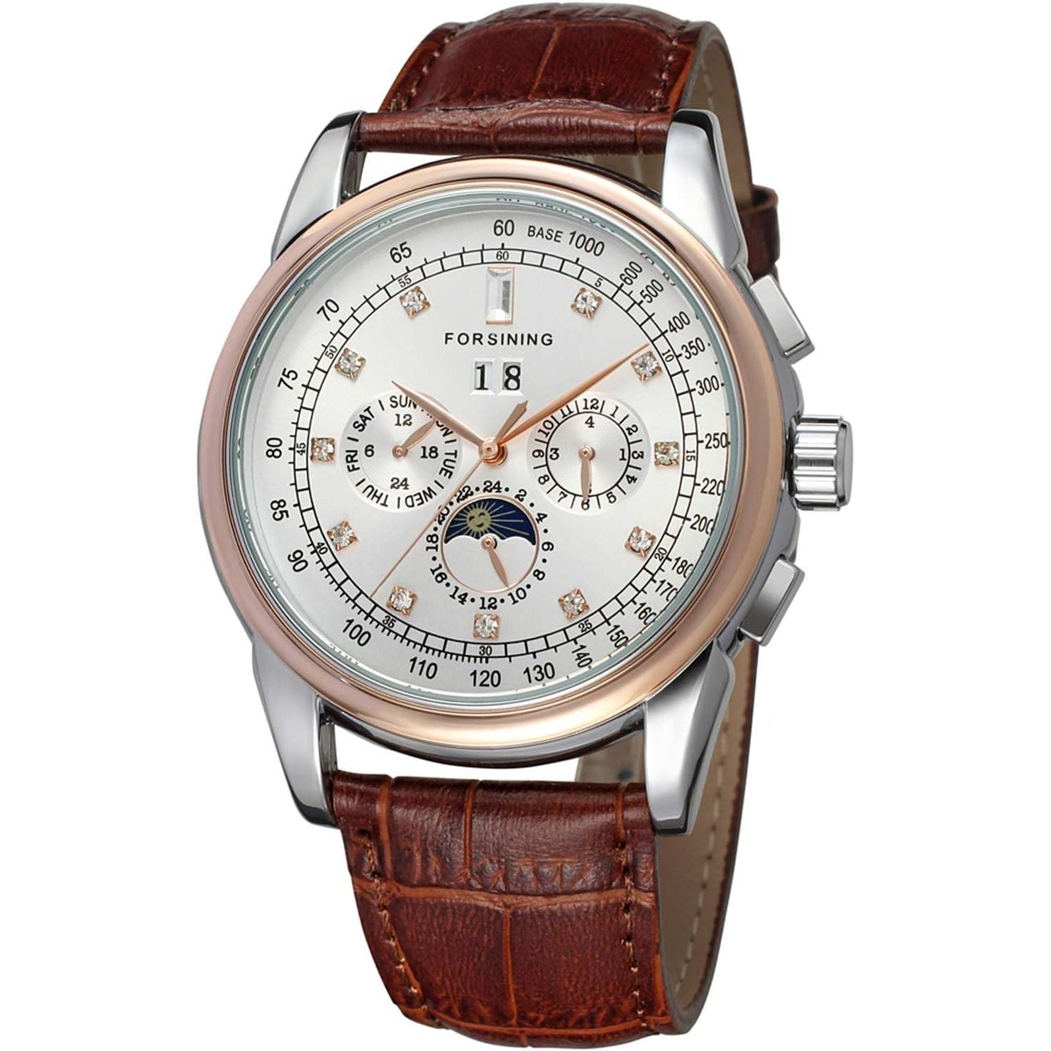 Buy now FORSINING Men's Automatic Self Winding Moon Phase Watch with Brown Leather Strap Analogue Display FSG319M3T4 Default at indiglob india