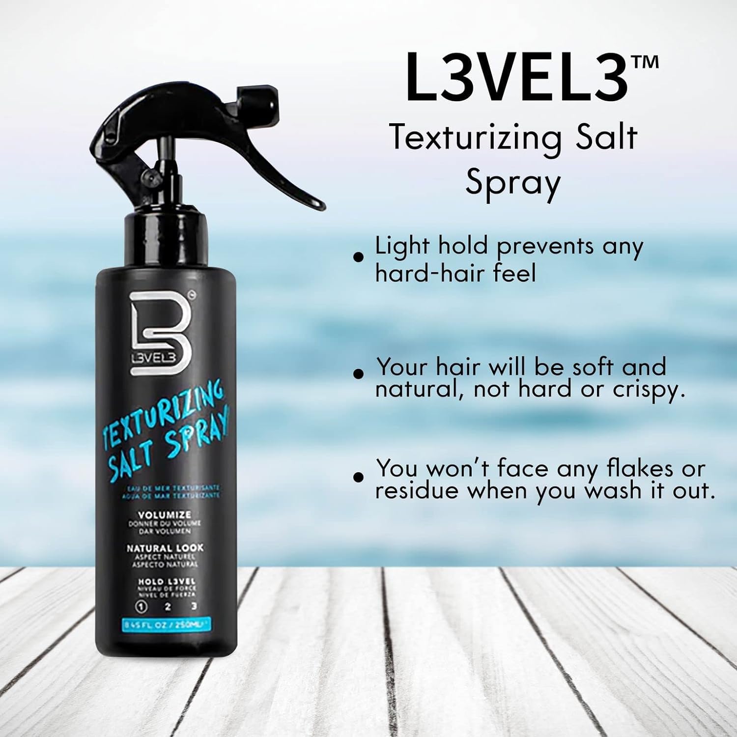 L3 Level 3 Sea Salt Spray for Hair, Texturizing, Beachy Waves, 8.45 fl oz | Texture spray, hair texture spray, light flexible hold, surf spray, casual finish, adds body and definition