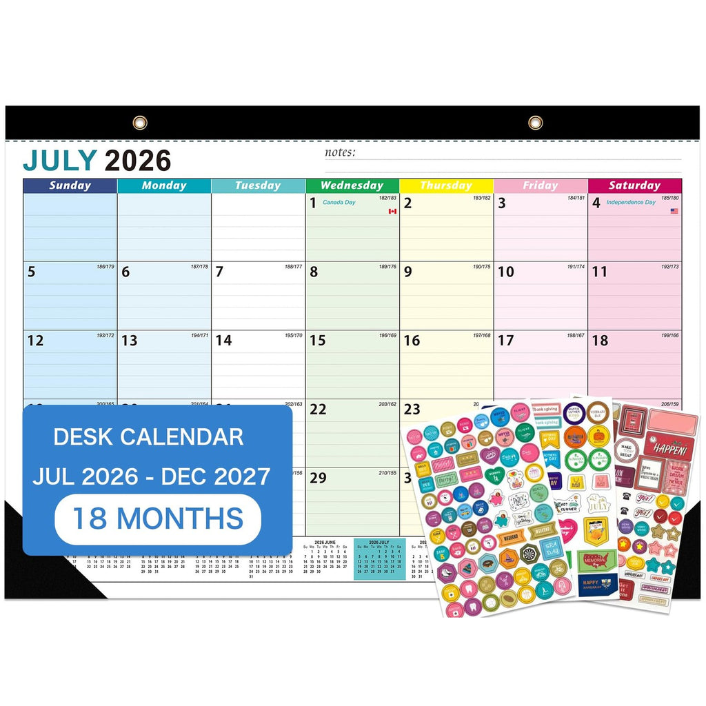 Desk Calendar 2026-2027 - 18 Month Desk Calendar july 2026-2027 Dec, 17" x 12", Large Desk Calendar with Thick Paper, Plastic Cover, Stickers, Home or Office Calendar for Easy Organizing