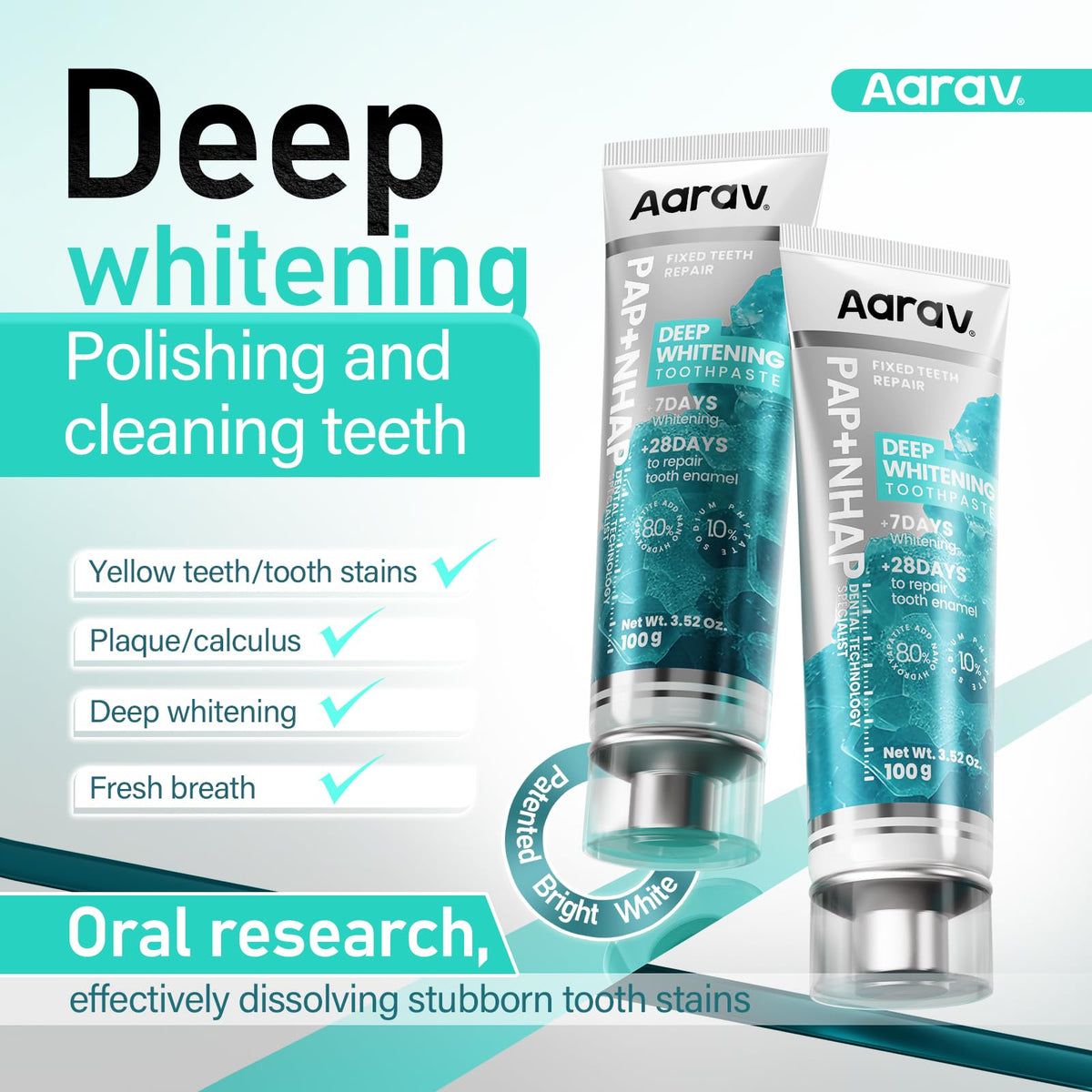 Aarav Pap + Nano Hydroxyapatite Whitening Toothpaste: for Sensitive Teeth, Enamel Remineralization & Prebiotic Care, Fluoride Free, Travel Friendly, 1 Pack, 3.52 oz