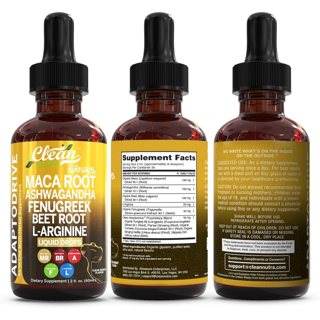 Clean Nutra Organic Maca Root Liquid Drops with Ashwagandha, Fenugreek, Beet Root and L-Arginine Liquid Multivitamin for Women and Men - Adapto Drive
