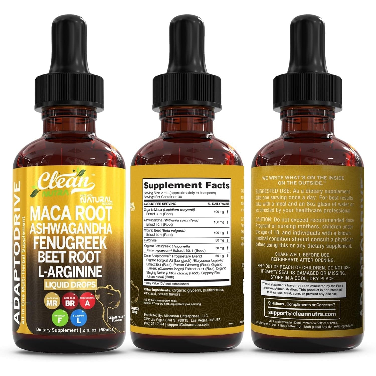 Clean Nutra Organic Maca Root Liquid Drops with Ashwagandha, Fenugreek, Beet Root and L-Arginine Liquid Multivitamin for Women and Men - Adapto Drive