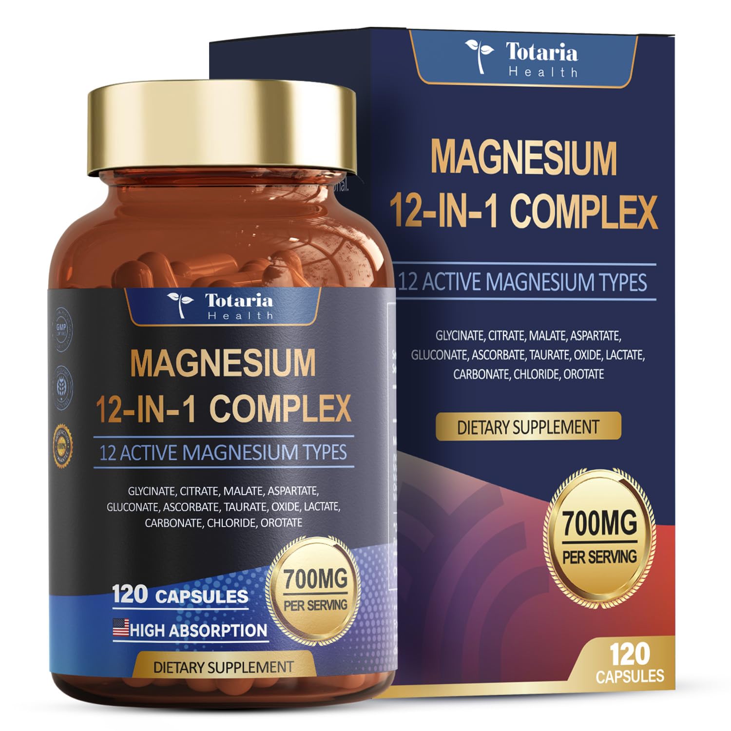 Magnesium Complex 700mg 12 in 1 Magnesium Supplement with Glycinate Citrate Malate Oxide Taurate Aspartate Orotate Magnesium Relaxation,Muscle,Heart Support, Vegan 120 Capsules 2PK