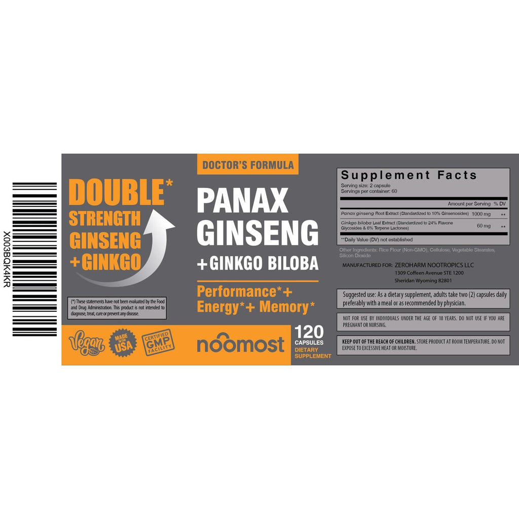 Authentic Korean Red Panax Ginseng + Ginkgo Biloba, 120 Vegan Capsules, Ginseng Root Extract Powder 1000mg (10% Ginsenosides) + Gingko Biloba 60mg, Energy and Focus Pills for Men and Women