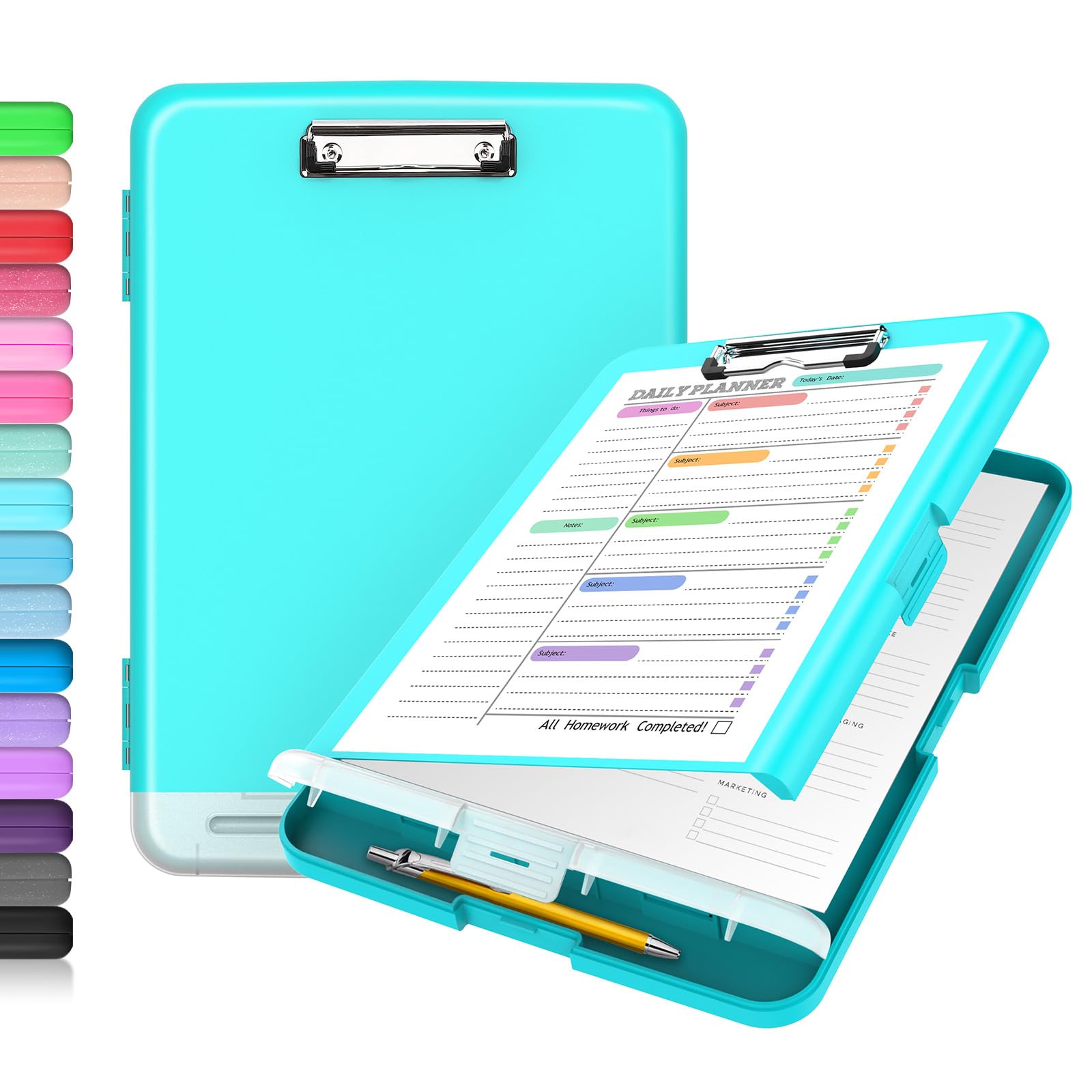 Buy now Sooez Clipboard with Storage, Clip Board 8.5 x 11 with Pen Holder, Plastic Organization Case Box for Letter Legal A4 Size Paper, Low Profile Clip, Nurses Teachers Must Haves, School & Office Supplies Turquoise at indiglob india