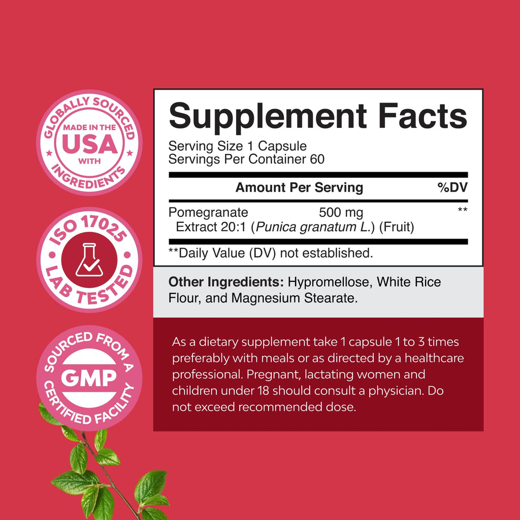 Advanced Pomegranate Extract Capsules - Powerful Antioxidant & Healthy Heart Support - Easy To Swallow Pomegranate Supplement - Superfood for Energy & Gut Health Support - Third Party Tested - 60 Ct