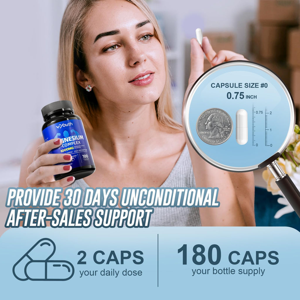Magnesium 7 Complex Supplement Advanced for Sleep & Muscle, 180 Capsules | 7 Forms of Magnesium (Glycinate, Malate, Chelate, Aspartate, Orotate, Taurine, Citrate), Zinc, Vitamin D3 & Vitamin B6