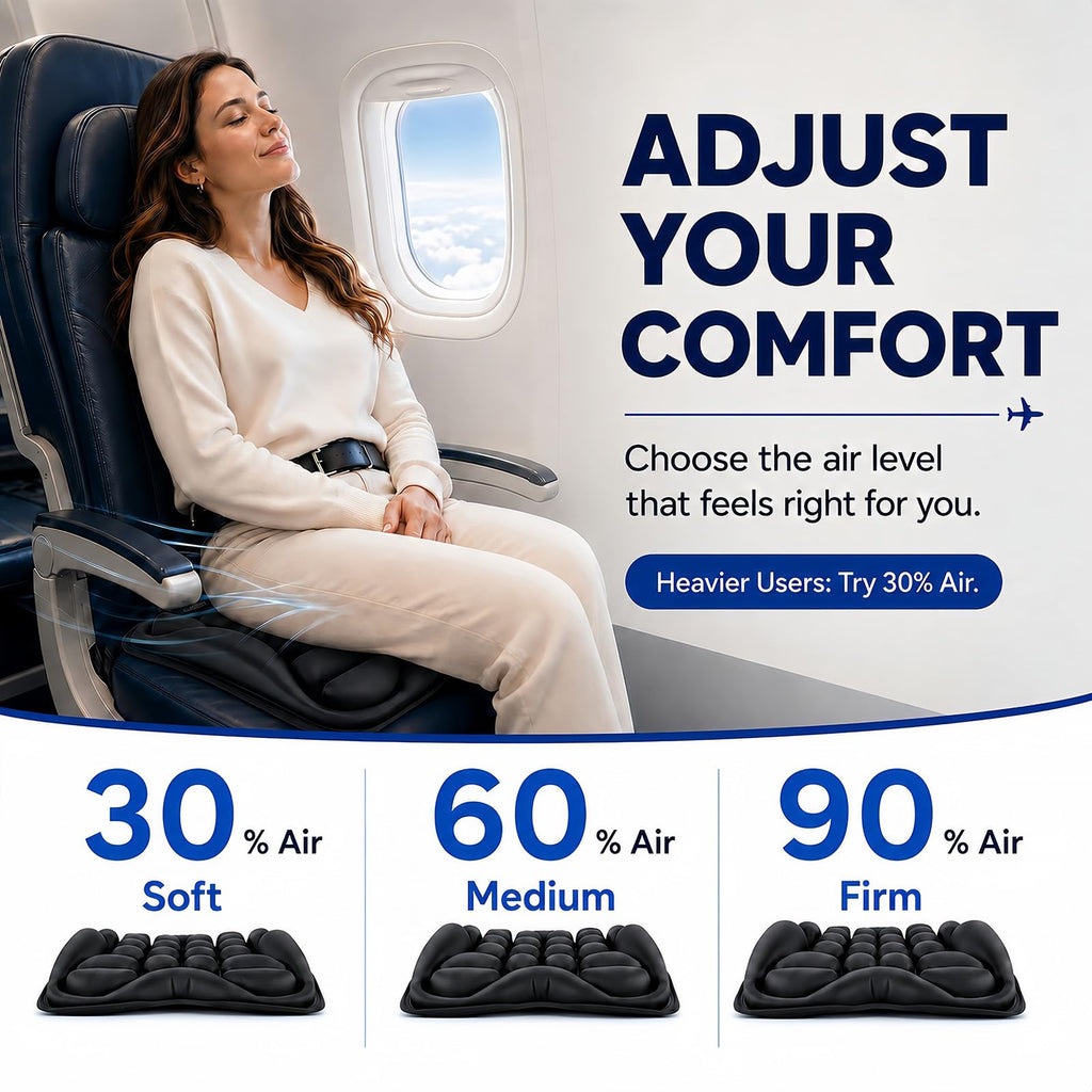 Airplane Seat Cushion, Air-Cell Travel Cushion for Long Flights, Inflatable Portable Seat Pad with Built-in Pump for Air Travel, Car, Office Chair and Wheelchair