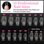 600 pieces of medium square soft gel nail tips in 15 sizes, pre-numbered for easy selection. Verified by CuratCart.