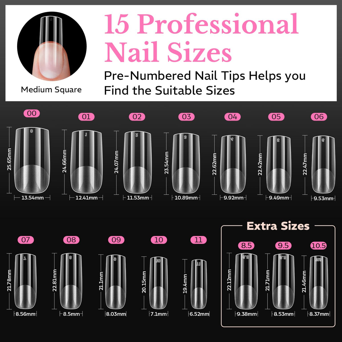 600 pieces of medium square soft gel nail tips in 15 sizes, pre-numbered for easy selection. Verified by CuratCart.