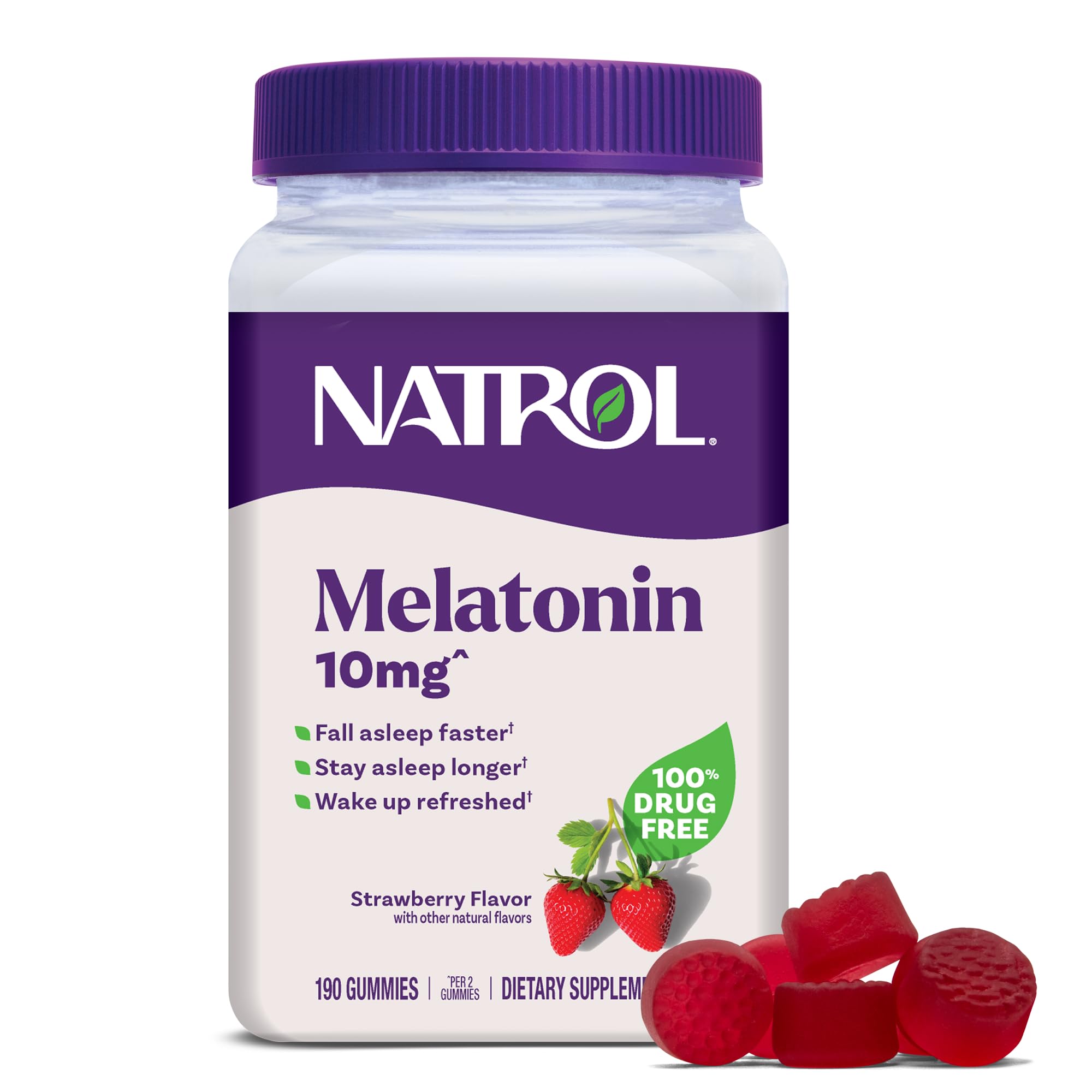 Natrol Melatonin 10 mg Gummies, Sleep Support for Adults, 190 Gummies | Supplement to Fall Asleep Faster & Stay Asleep Longer, Wake Up Refreshed, 100% Drug-Free, Strawberry-flavored, 95 Day Supply