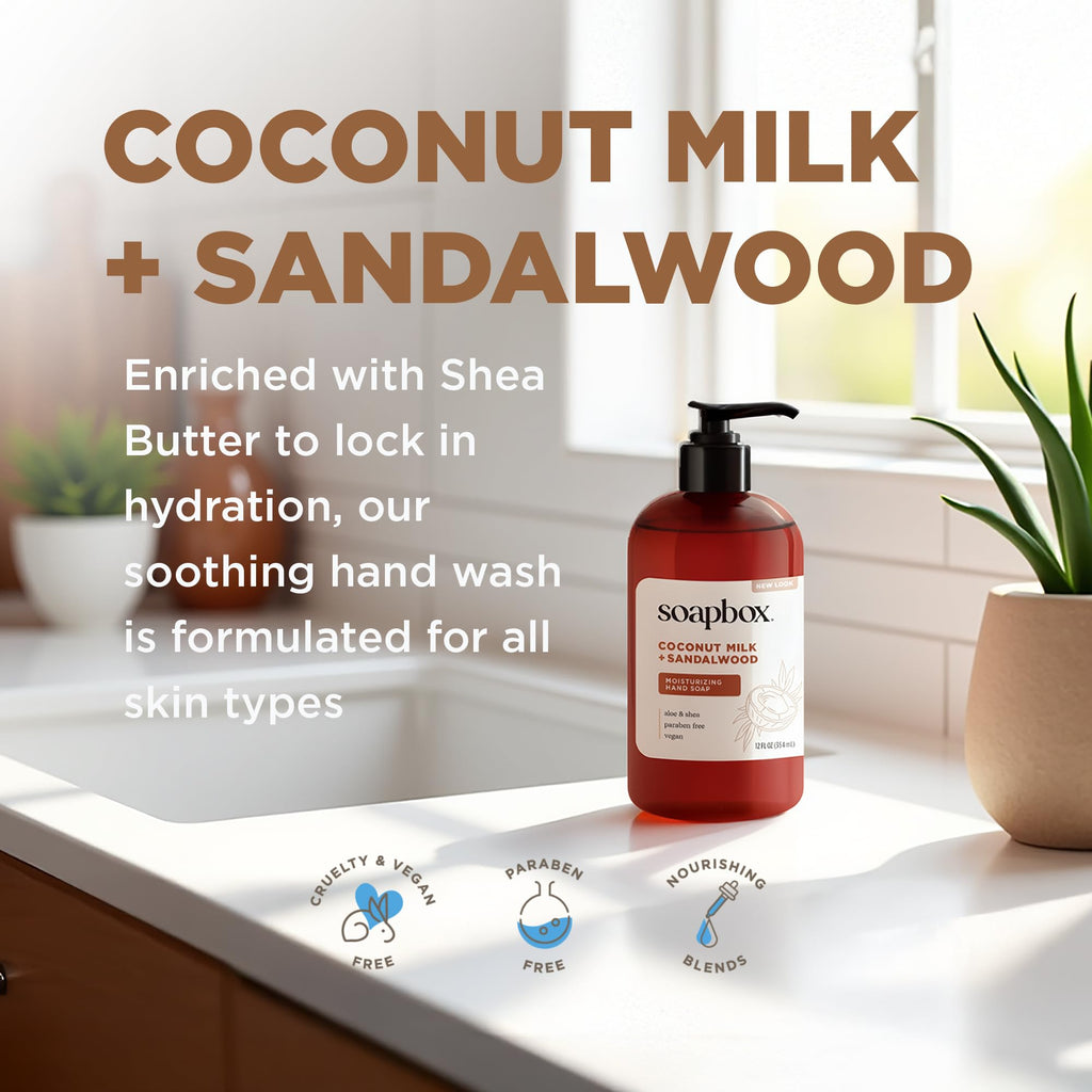 Buy now Soapbox Liquid Hand Soap, Coconut Milk & Sandalwood, Gentle & Moisturizing Hand Wash for Kitchen and Bathroom, Vegan & Cruelty Free Scented Hand Soap 12 Ounce Pump Bottles (Pack of 3) at indiglob india