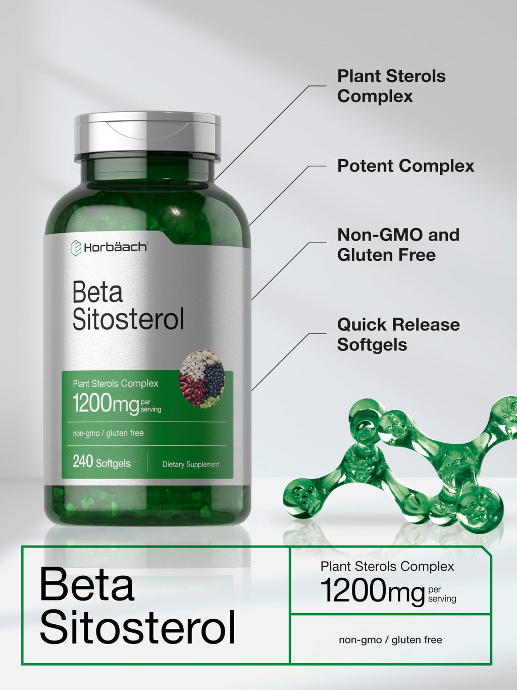 Horbäach Beta Sitosterol 1200mg | 240 Softgel Capsules | Mega Strength