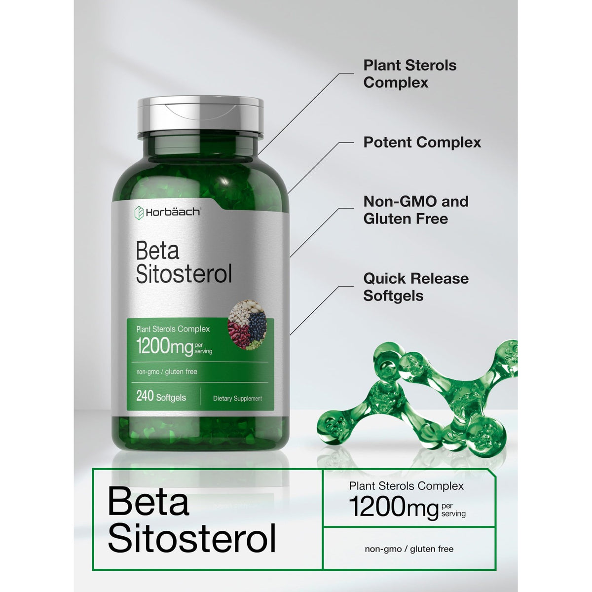 Horbäach Beta Sitosterol 1200mg | 240 Softgel Capsules | Mega Strength