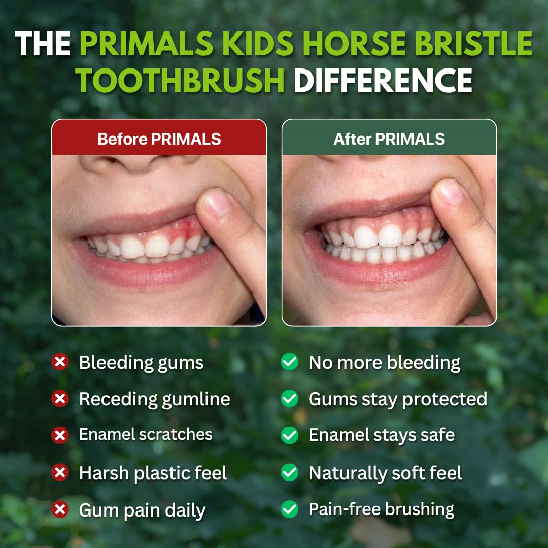 PRIMALS Kids Horse Bristle & Bamboo Toothbrush (4-Pack) - Soft & Healthy Horse Bristles - Zero Microplastics - Fully Biodegradable - Quick Dry Design