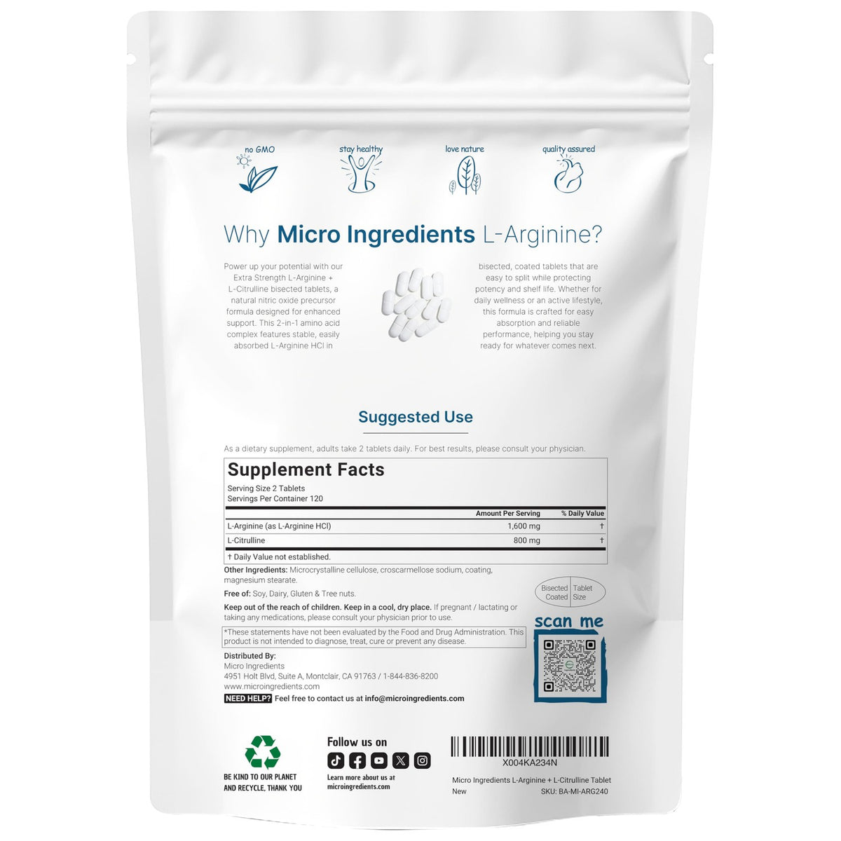 L-Arginine 1,600mg Nitric Oxide Supplement for Men with L-Citrulline, 240 Bisected Tablets | Nitric Oxide Precursor | Muscle, Energy, & Heart Support | Non-GMO, Gluten Free - 4 Month Supply