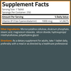 Bronson Vitamin B12 1000 mcg Once-Daily Formula, 250 Vegetarian Tablets | Energy Support, B12 as Cyanocobalamin, Daily Maintenance, 250-Day Supply, Vegan, Non-GMO, Gluten-Free & Soy-Free