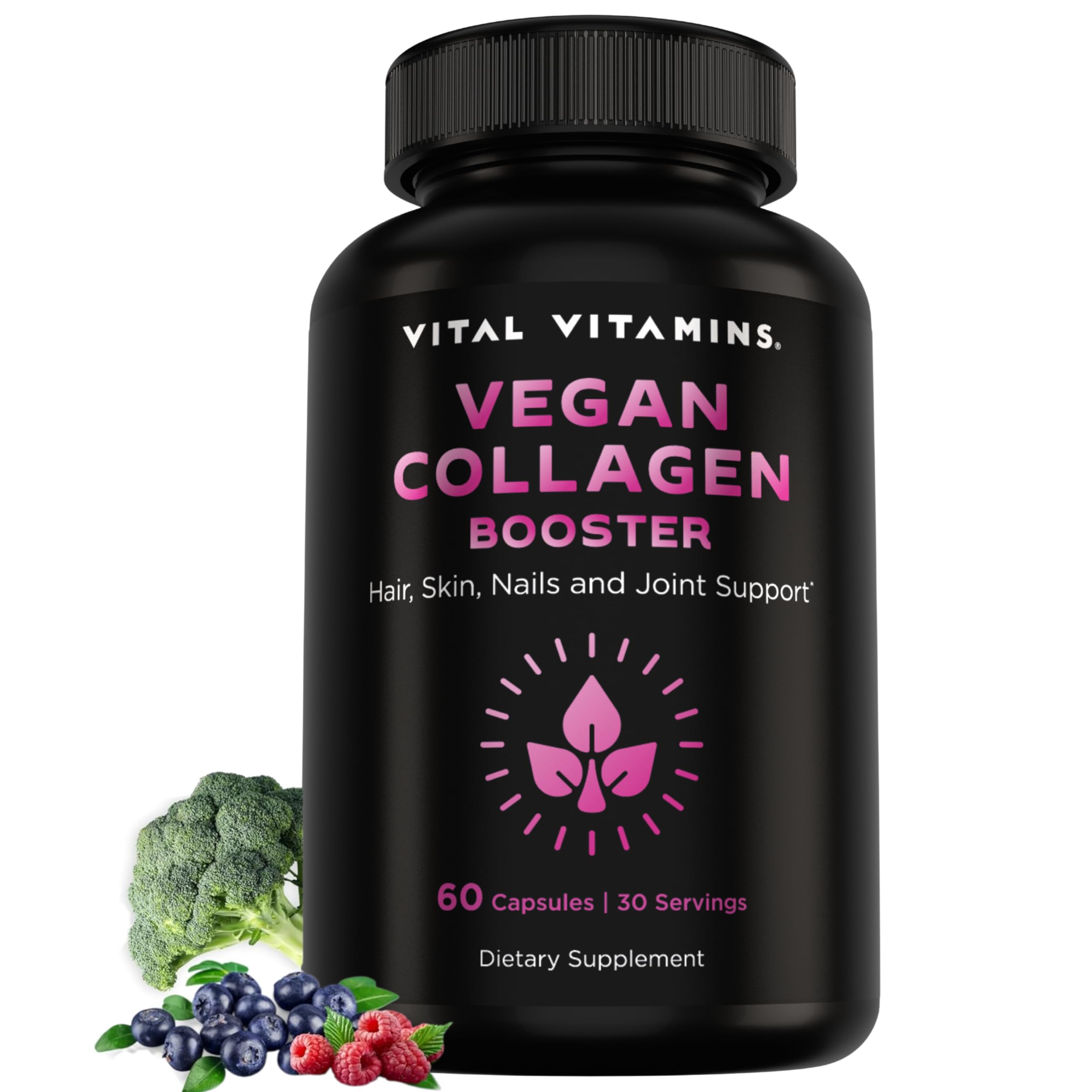 Vital Vitamins Vegan Collagen Booster Supplements, 60 Capsules | Supports Skin, Hair, Nails & Joints, Formulated with 30+ Superfoods, Hyaluronic Acid, Silica & Vitamin A, Non-GMO