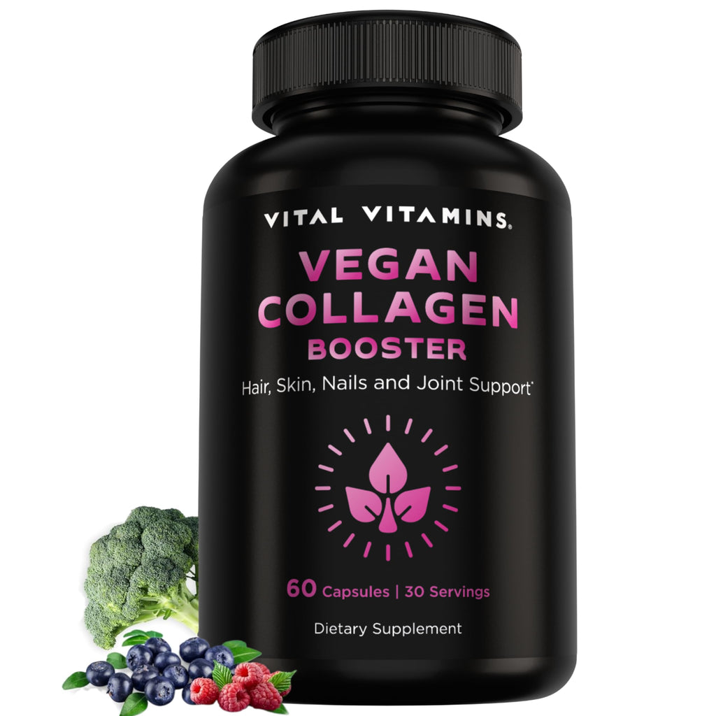 Vital Vitamins Vegan Collagen Booster Supplements, 60 Capsules | Supports Skin, Hair, Nails & Joints, Formulated with 30+ Superfoods, Hyaluronic Acid, Silica & Vitamin A, Non-GMO