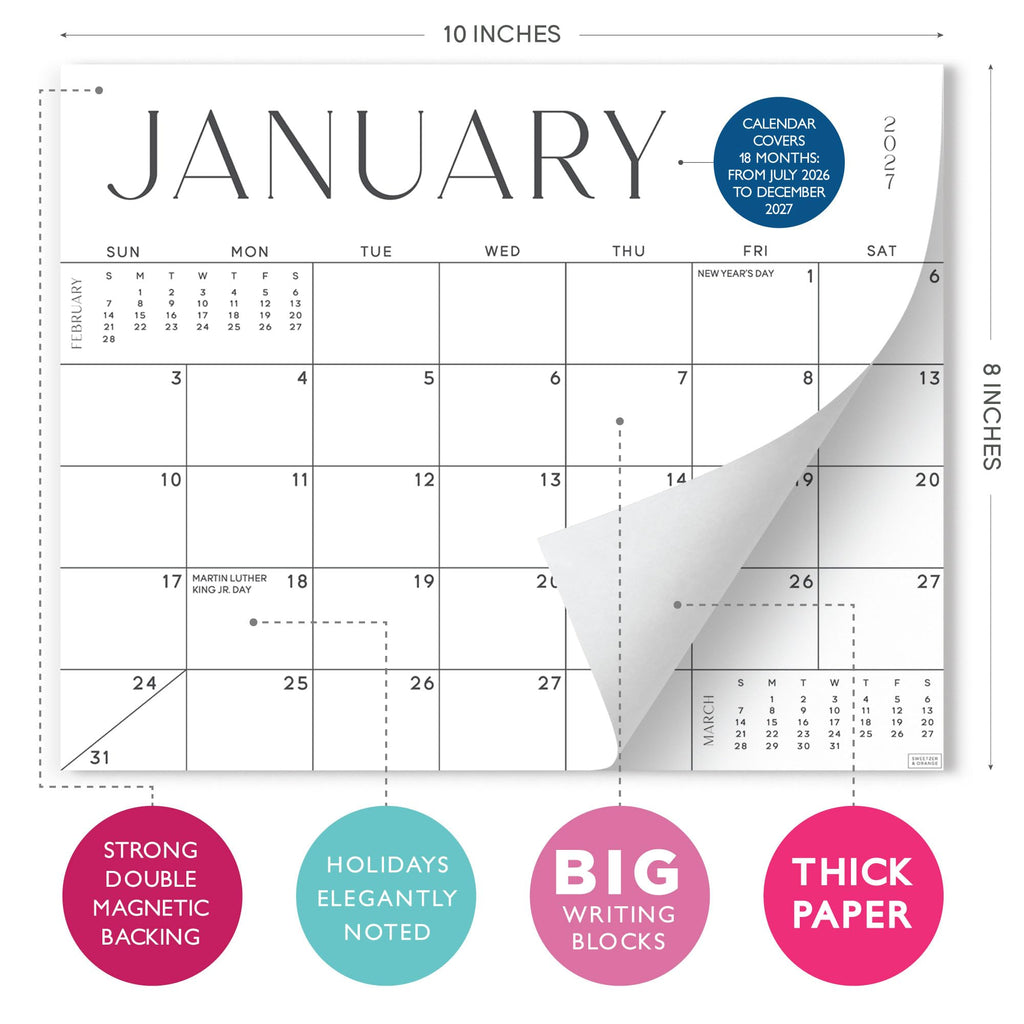 S&O Simple Magnetic Fridge Calendar from July 2026-December 2027 - Tear-Off Refrigerator Calendar to Track Events & Appointments - 18 Month Magnetic Planner for Fridge for Easy Planning-8"x10”in