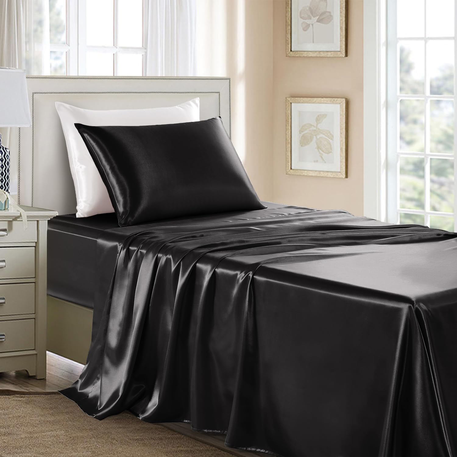 Buy now Satin Sheets King Size - 4 Pieces Luxury Silky Soft Bed Sheets, Wrinkle-Free Gold Satin Silk Sheet Set with 1 Deep Pocket Fitted Sheet, 1 Flat Sheet, 2 Pillow Cases Twin Black at indiglob india