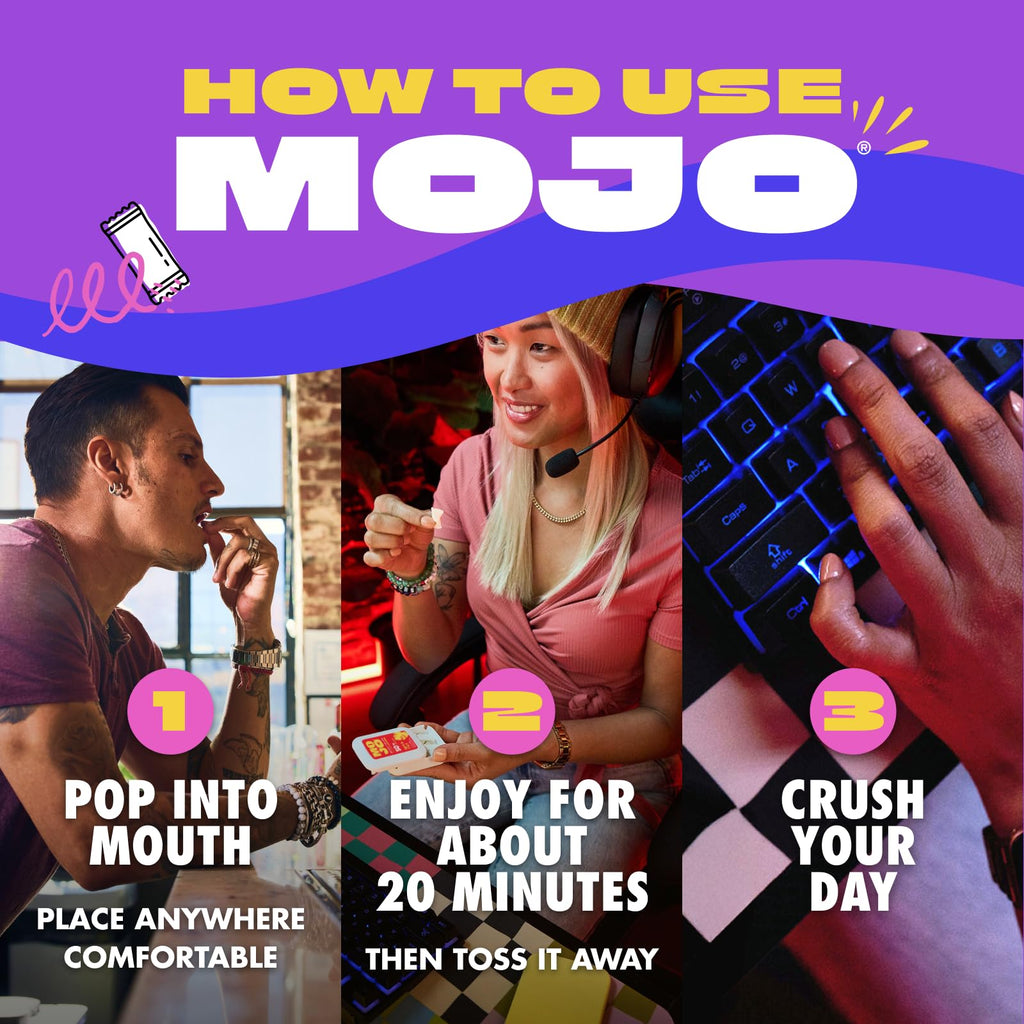 MOJO Caffeine Pouches with Naturally Derived Caffeine from Green Tea, Ginseng, Yerba Mate, L-Theanine & B-Vitamins | Nicotine-Free | Zero Sugar | 100mg Caffeine | Variety Pack