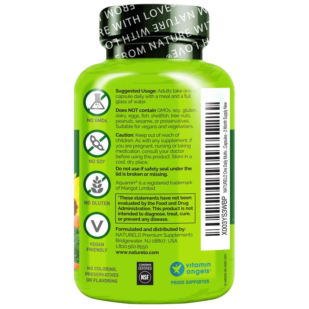 NATURELO Multivitamin for Men 50+ - One Daily, 60 Vegetarian Capsules | Vitamins, Minerals & Organic Whole Foods, Boost Energy and Health, Non-GMO