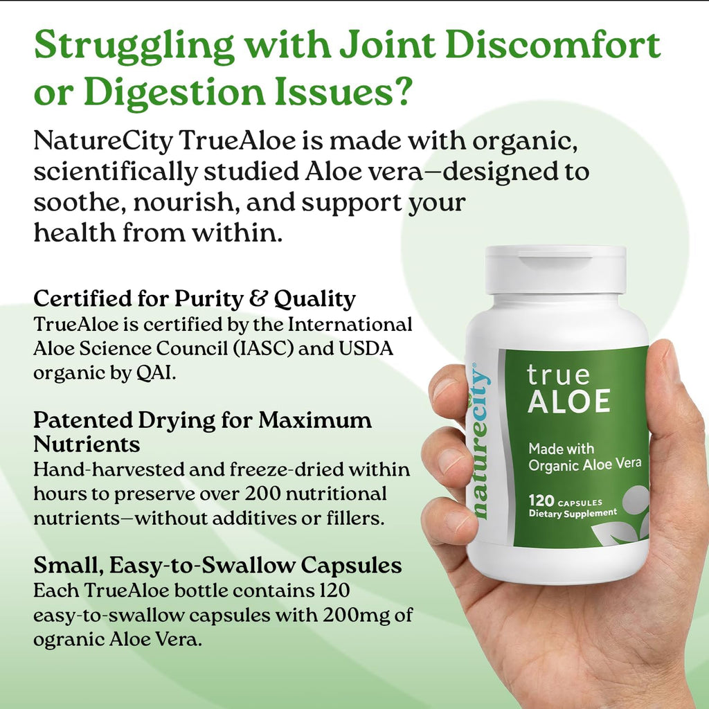 TrueAloe Organic Aloe Vera Capsules - Supports Digestive Balance, Joints and Stomach Comfort - Plant-Based Aloe Barbadensis Powder - Easy-to-Swallow Single Ingredient Formula - 720 Caps