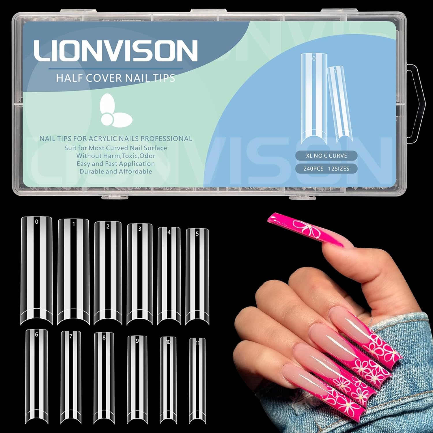 Buy now LIONVISON 504PCS No C Curve Clear Nail Tips for Acrylic Nails Professional, 3XL Extra Long Flat Tapered Square Nail Tips, 12 Sizes Half Cover Straight French Fake Nail Tips for Nail Salons Home 240pcs 4.5cm at indiglob india