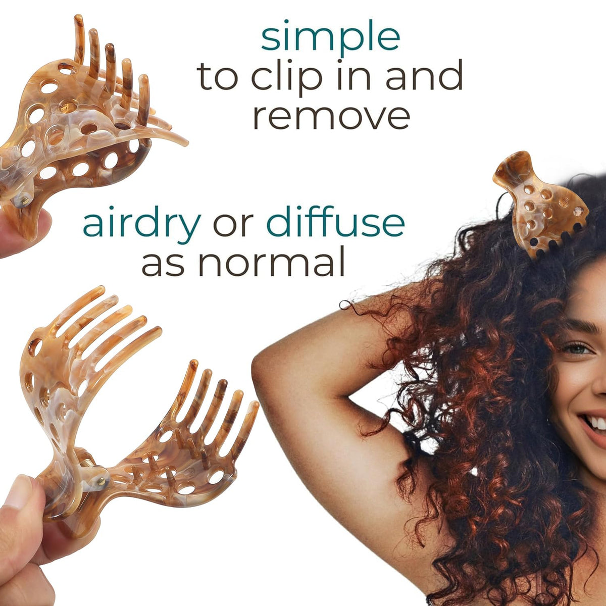 Set of 10 easy-to-use hair volume clips for curly hair, perfect for airdrying or diffusing, enhancing natural curls.