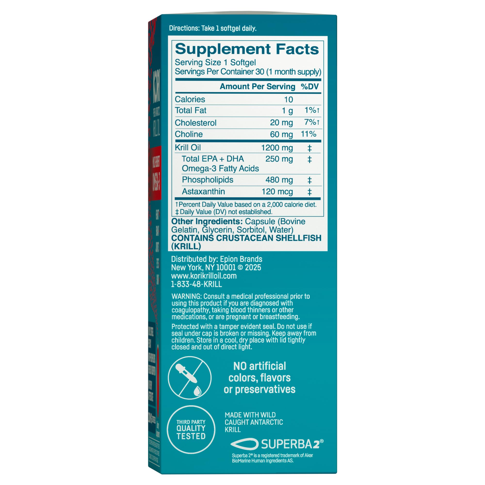 Kori Krill Oil Omega 3 Supplement, Antarctic Krill Oil with Superior Absorption vs Fish Oil, 1200mg Softgels,EPA & DHA, 30 Softgels