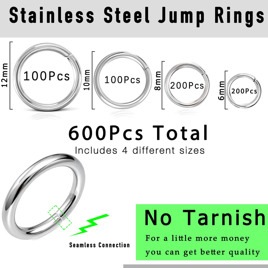 600PCs Large Heavy Duty Stainless Steel Jump Rings, Silver