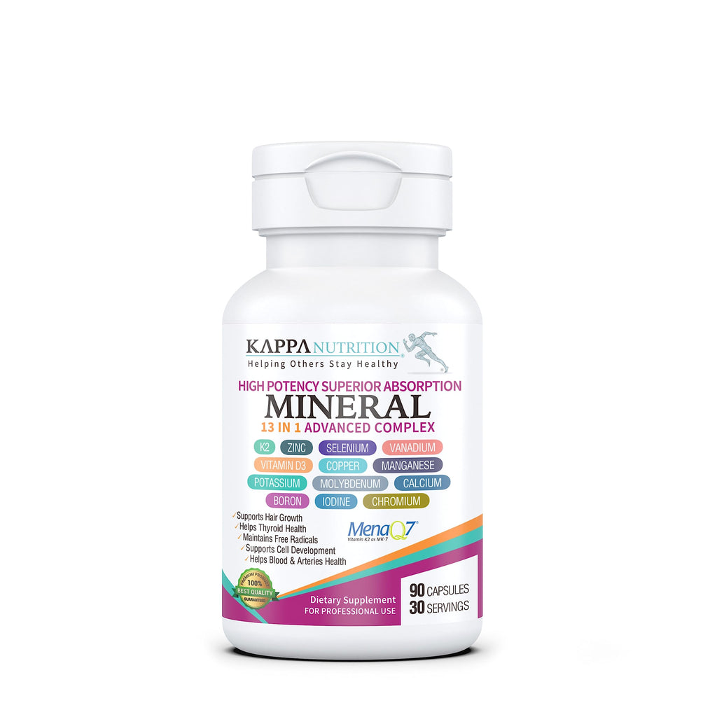 KAPPA NUTRITION Mineral 13 in 1 Advanced Complex with Albion® Chelated Minerals & MenaQ7® MK-7 Vitamin K2 | Calcium, Zinc, Selenium, Chromium, Iodine & Trace Minerals | 90 Vegan Capsules
