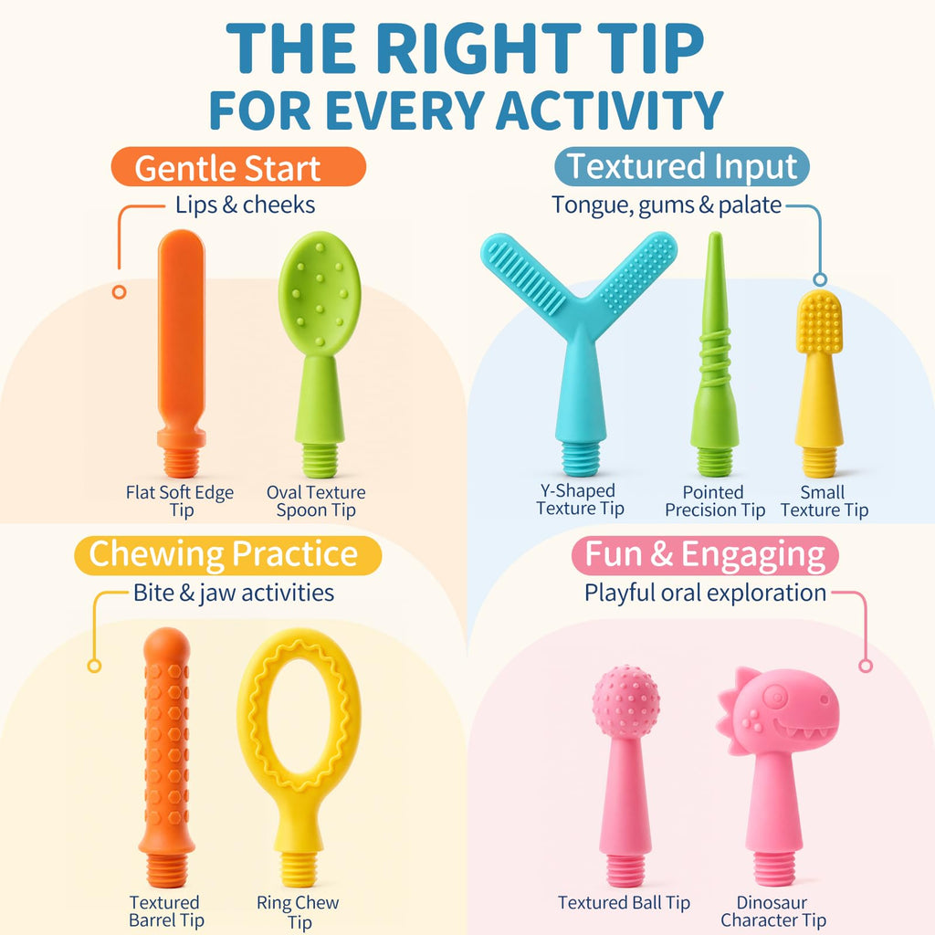 KidBloom Oral Motor Kit with 9 Textured Silicone Tips, 3-Mode Vibrating Teether, Autism Sensory Products, Speech Therapy Materials for Feeding Support, SPD