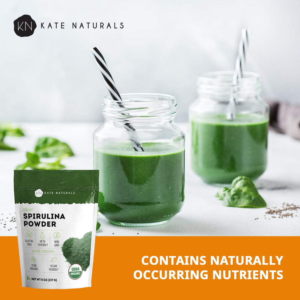 Kate Naturals Organic Spirulina Powder, Nutrient Dense Superfood (8oz) | USDA Certified, Non-GMO, Gluten- Free