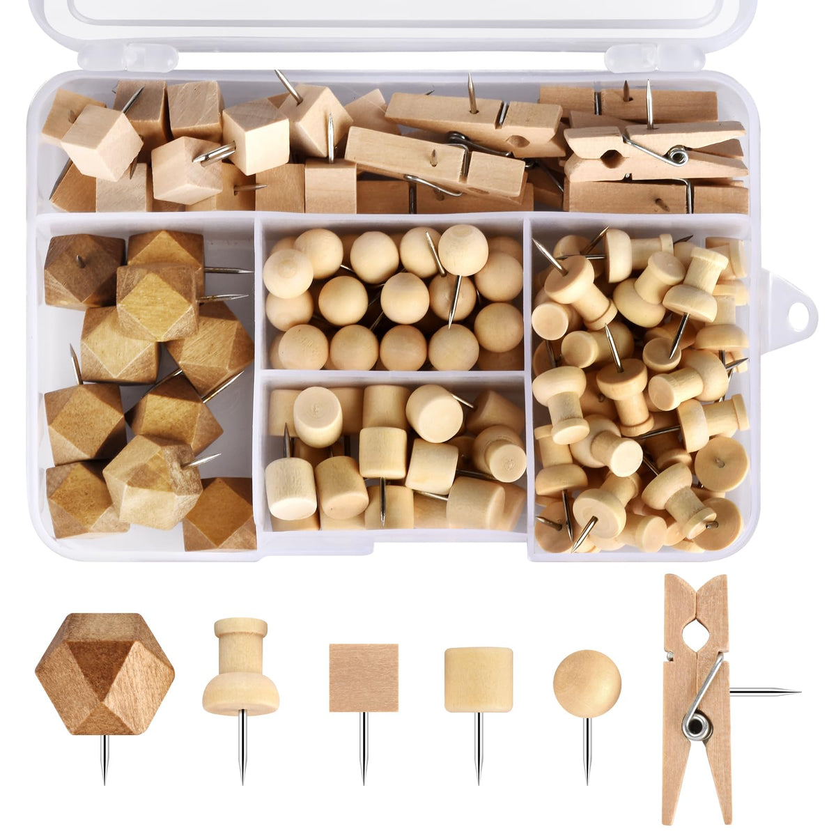 128Pcs Wood Push Pins, Thumb Tacks for Decorative, Wooden Pins and Tacks, Cork Board Thumbtacks, Cute Thumbtack for Wall and Bulletin Board, Map Pins