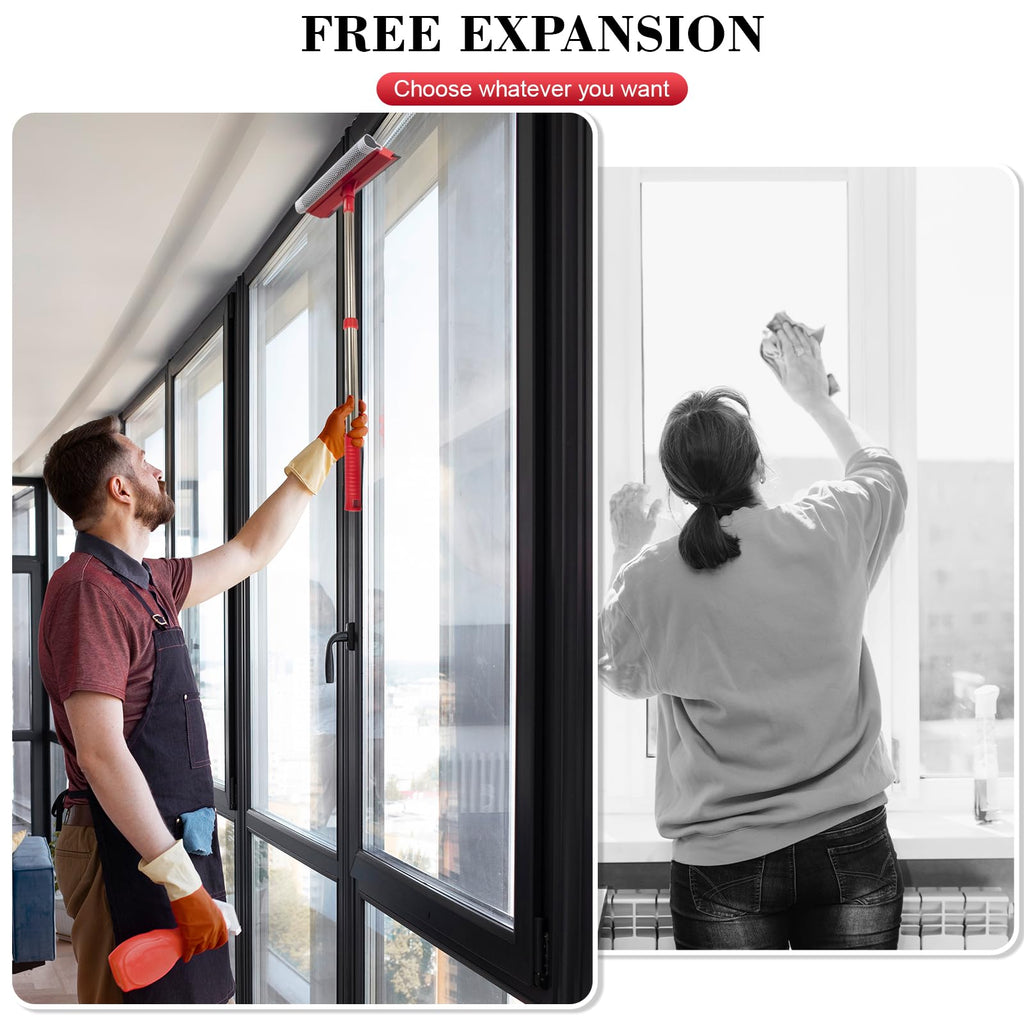 Window Squeegee with 15.7"-27.5" Retractable Stainless Steel Handle, 2-in-1 Windshield Cleaner Tool for Cars, Trucks, Glass Doors, Shower Glass, Outdoor Windows – Window Cleaner (Red)