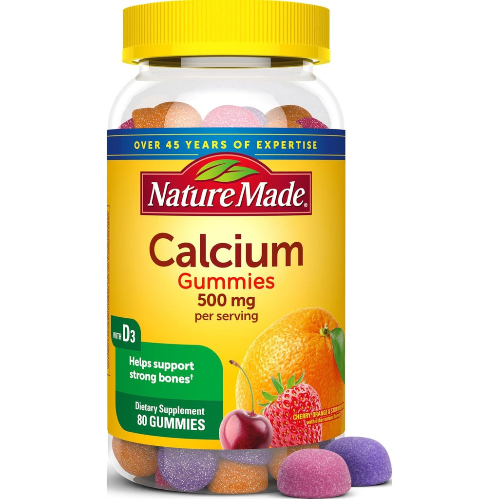 Nature Made Calcium Gummies 500 mg per Serving with Vitamin D3, 80 Gummies | Calcium Supplement for Bone Support, Calcium with Vitamin D Gummies, Cherry, Orange and Strawberry Flavors, 40 Day Supply