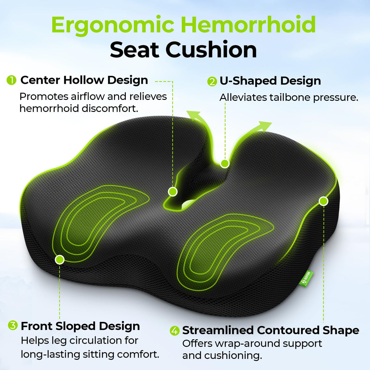 AUVON Ergonomic Donut Pillow Seat Cushion for Hemorrhoid & Tailbone Pain Relief, Thick Memory Foam Chair Cushion with Firm Support for Coccyx, Sciatica, Pressure Sores, Pregnancy, Postpartum Recovery