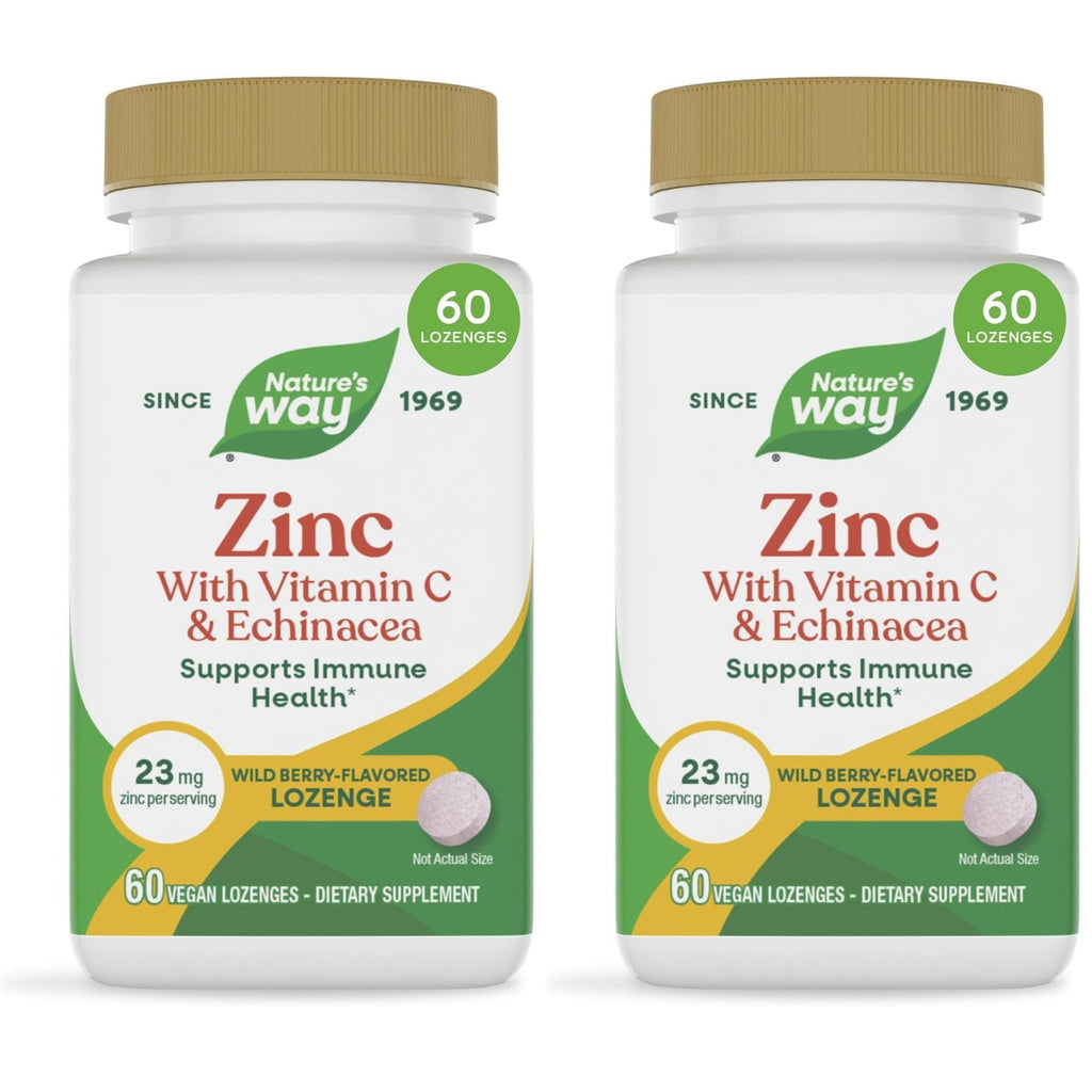 Nature's Way Zinc Lozenges with Vitamin C & Echinacea, Wild Berry, 60 ct | Zinc Supplements for Men and Women, Convenient Lozenge Supports Immune Health and Function*, Vegan, Wild Berry Flavored